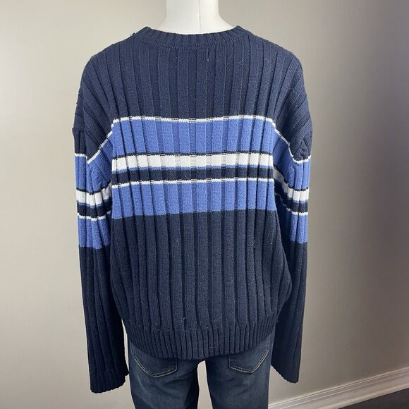 Retro 90s Style Blue Crewneck Chunky Stripe Sweater Coastal Preppy - Picture 3 of 6